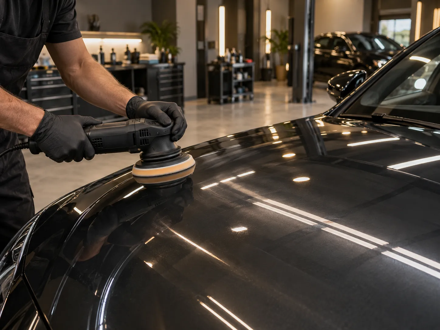 Polishing a car hood in a detailing studio