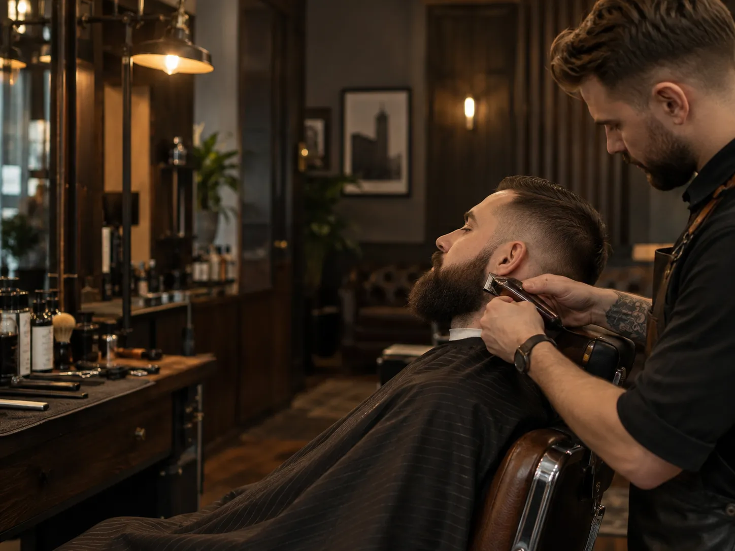 A barber trimming a client’s beard