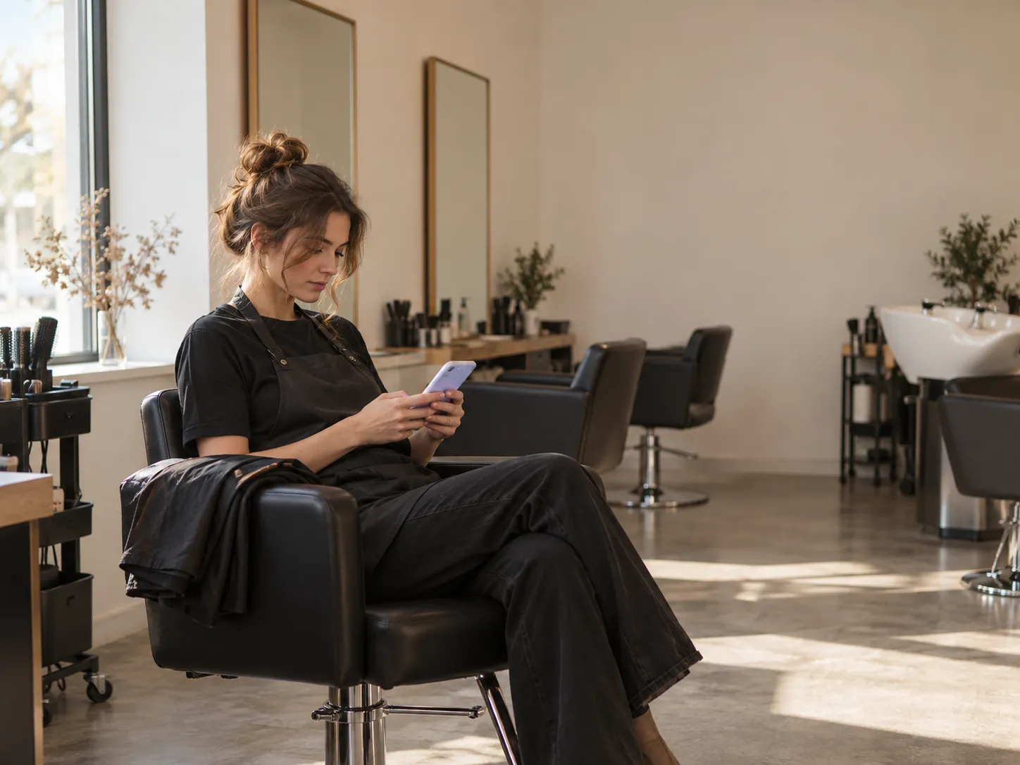 A stylist sitting in their chair, looking at a phone