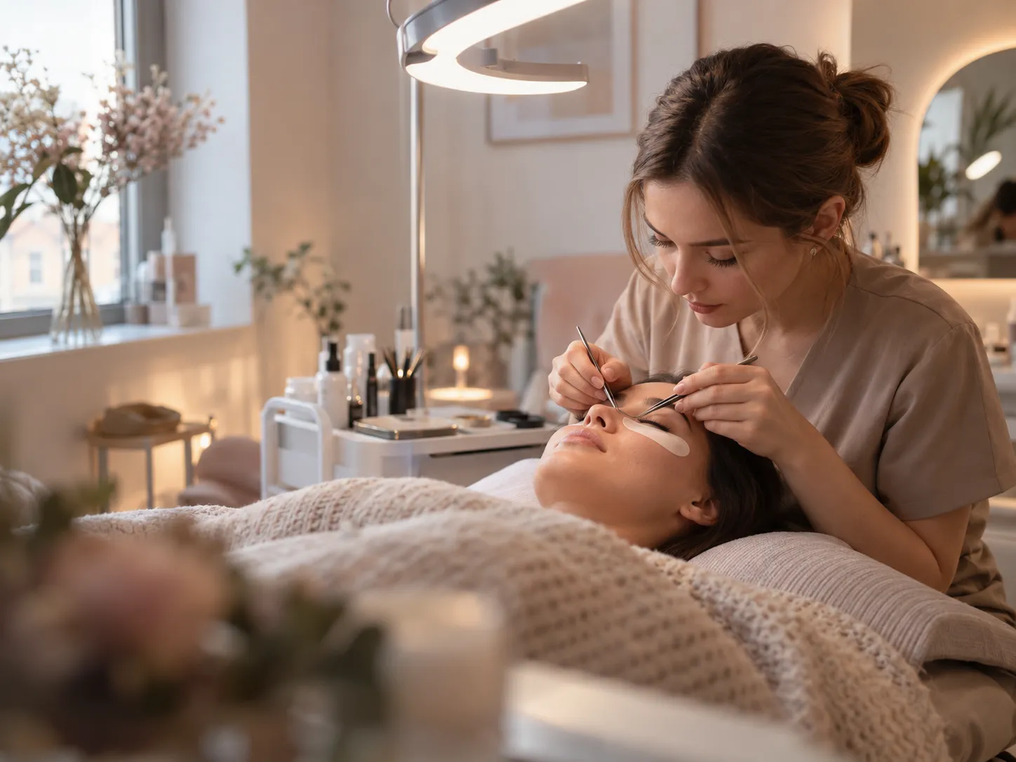 A lash artist working on a client’s lashes