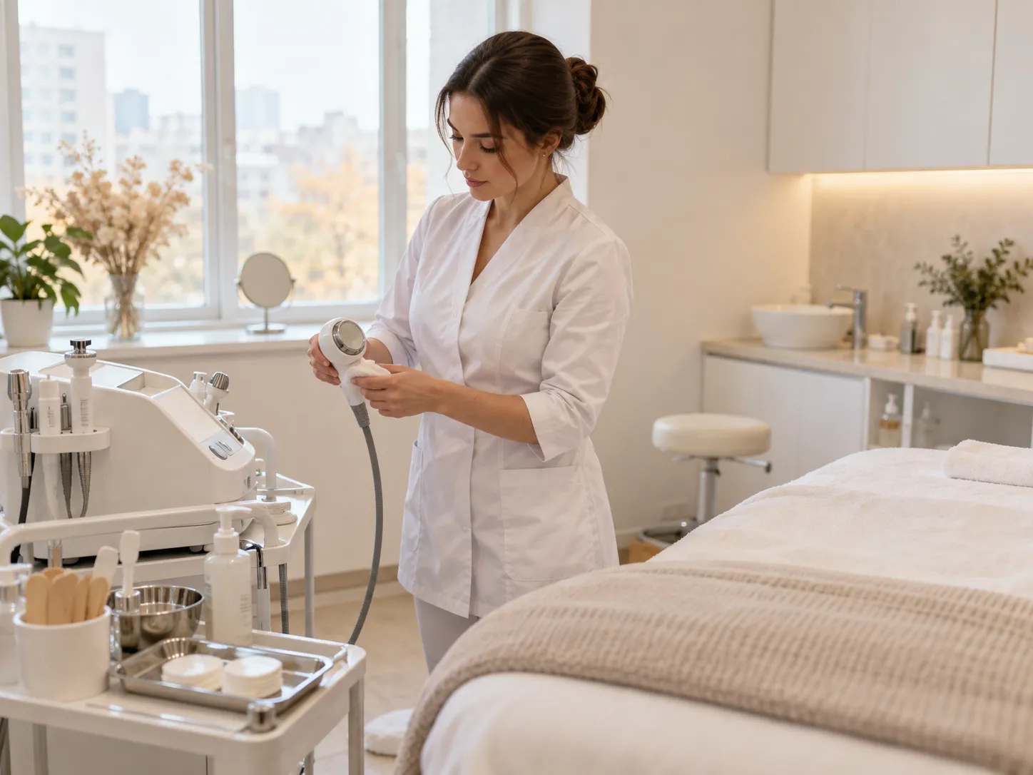 A cosmetologist preparing equipment by the treatment bed
