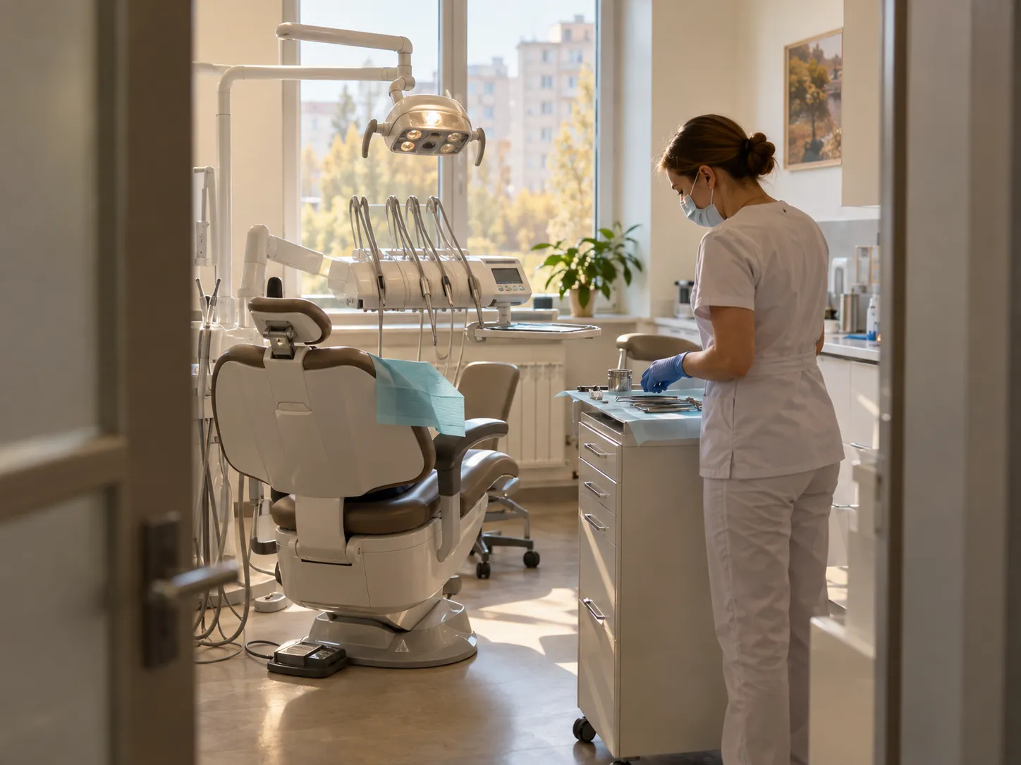 A dental room with an assistant preparing instruments