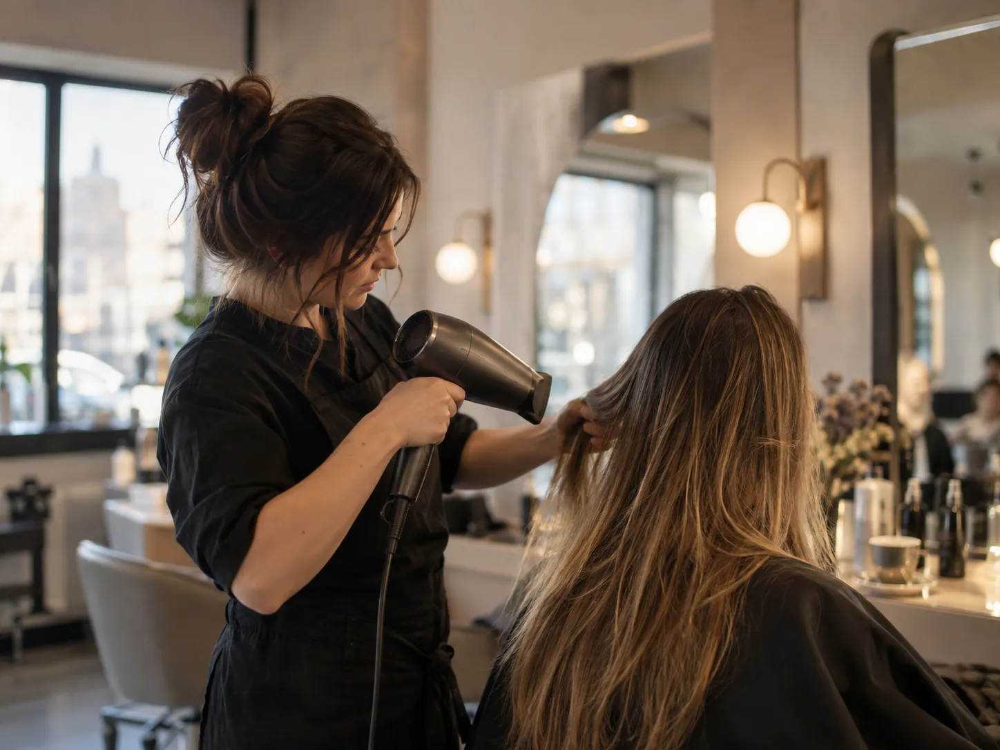 A stylist blow-drying a client’s hair