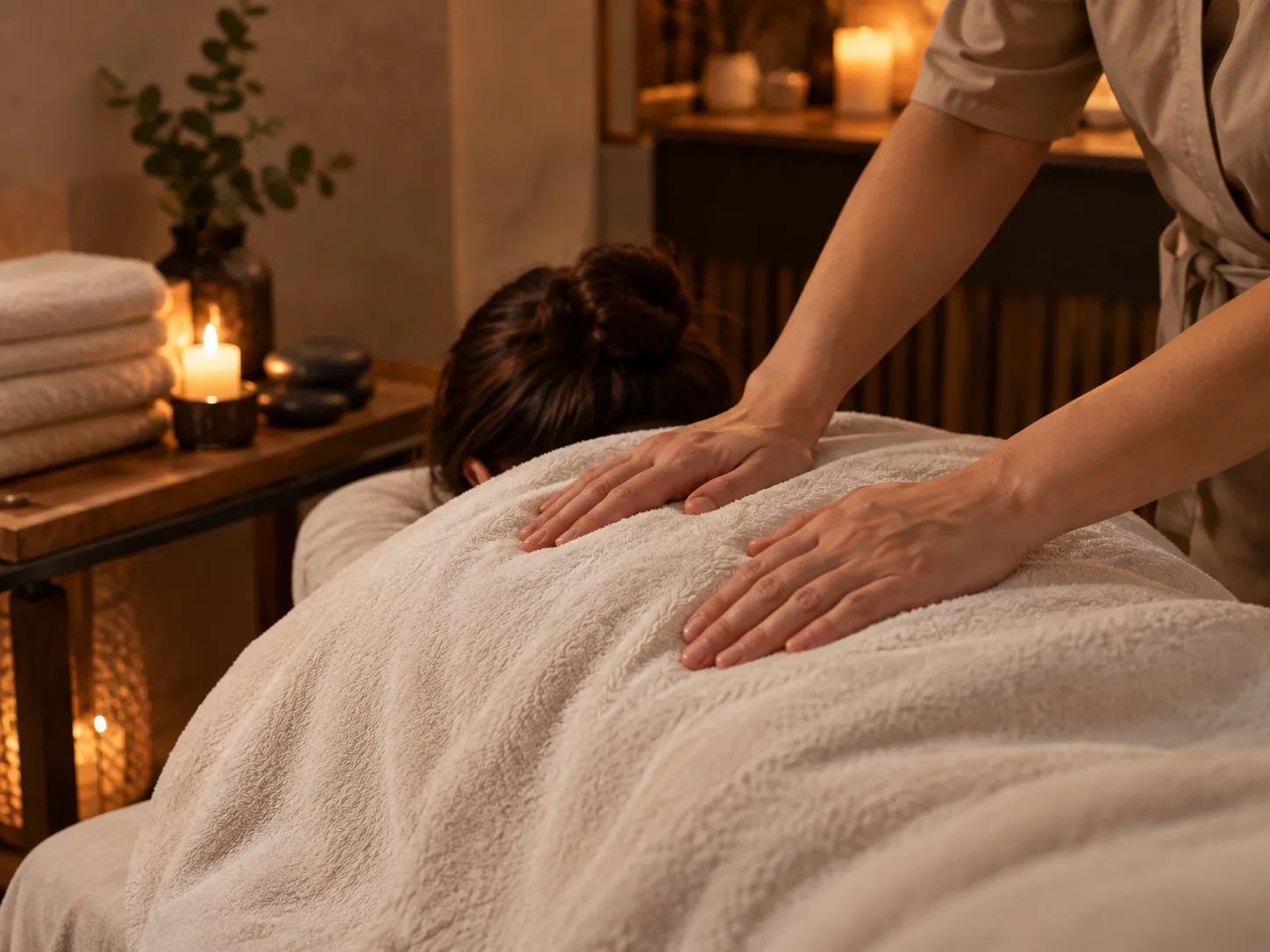 A massage therapist’s hands on a client’s back