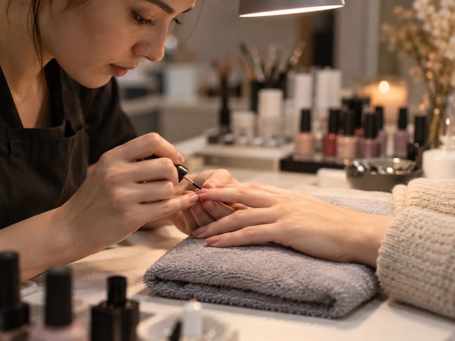 A nail technician applying polish