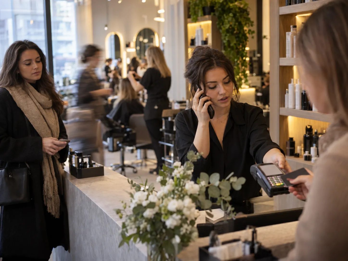 A receptionist on the phone at the front desk