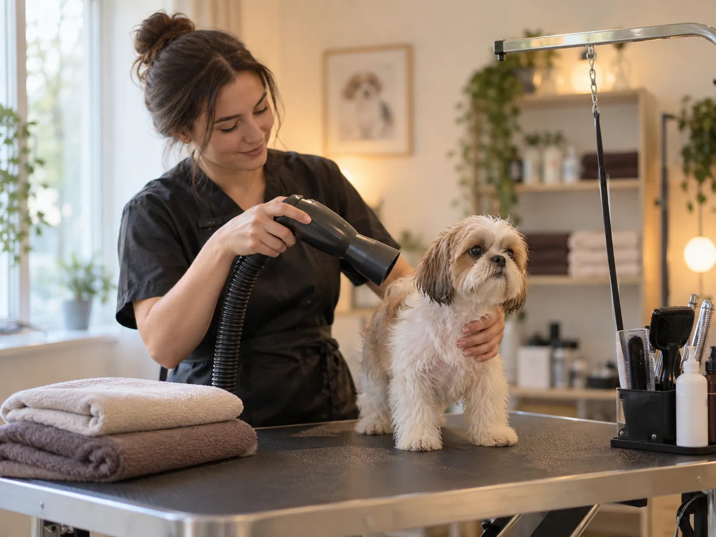 A groomer drying a dog on the table